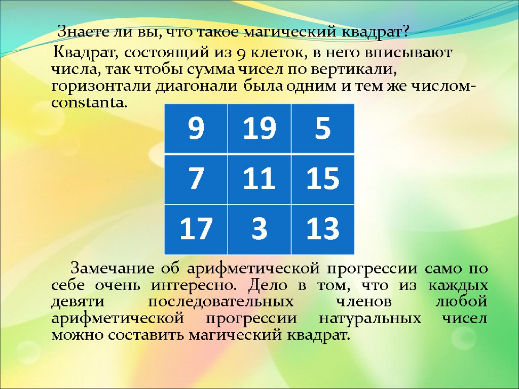 Знаете ли вы, что такое магический квадрат? Квадрат, состоящий из 9 клеток, в него